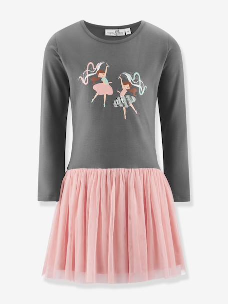 Happy Girls dress with tulle skirt and ballerina print for girls grey - vertbaudet enfant 