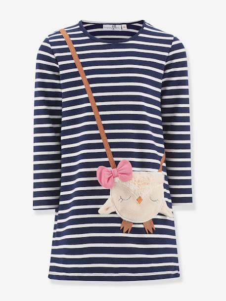 Happy Girls striped dress with owl for girls navy blue+nude pink - vertbaudet enfant 