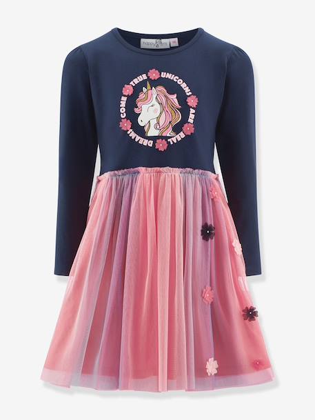 Happy Girls unicorn dress with colourful tulle skirt for girls navy blue - vertbaudet enfant 