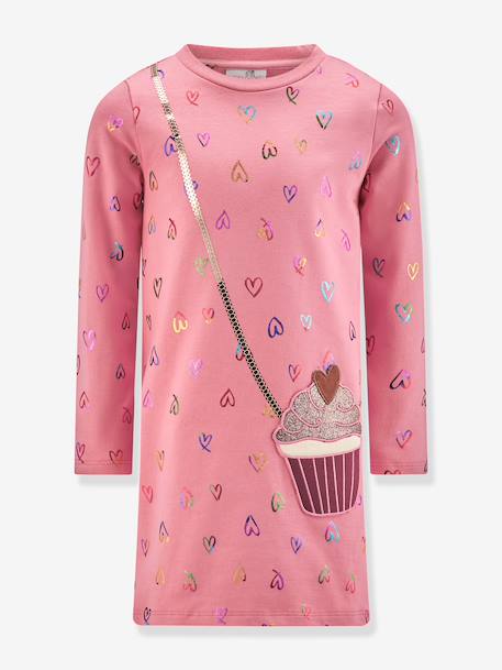 Happy Girls cotton dress with hearts and cupcake for girls navy blue+sweet pink - vertbaudet enfant 