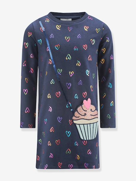 Happy Girls cotton dress with hearts and cupcake for girls navy blue+sweet pink - vertbaudet enfant 
