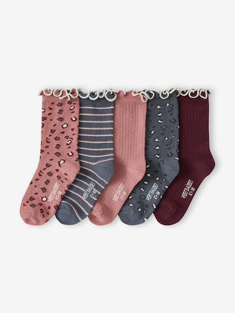 Pack of 5 pairs of 'leopard' socks for girls anthracite+cinnamon - vertbaudet enfant 
