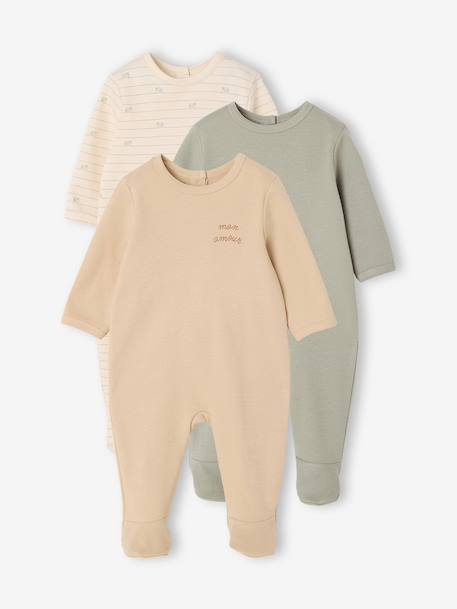 Pack of 3 baby sleepsuits with back opening ecru+sage green - vertbaudet enfant 