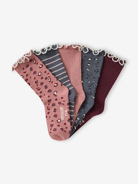 Pack of 5 pairs of 'leopard' socks for girls anthracite+cinnamon - vertbaudet enfant 