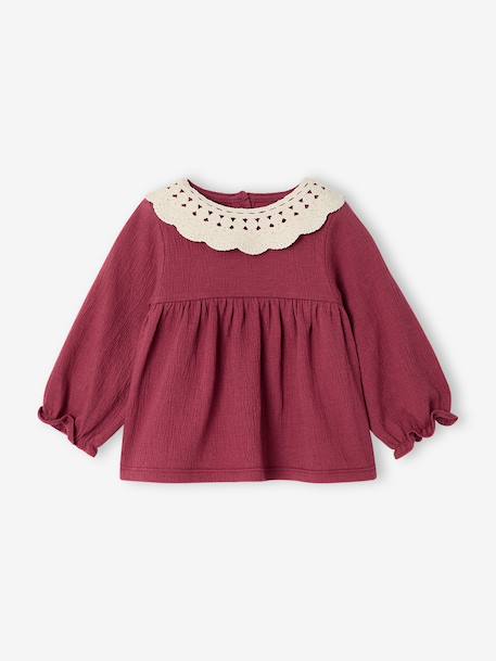 T-shirt for babies in crinkled jersey with crochet collar caramel+plum - vertbaudet enfant 