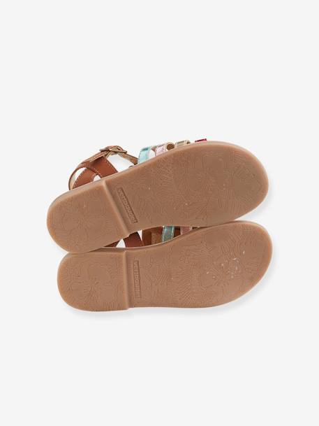 Leather Sandals with Straps, for Girls Light Brown+Pink+YELLOW DARK SOLID WITH DESIGN - vertbaudet enfant 