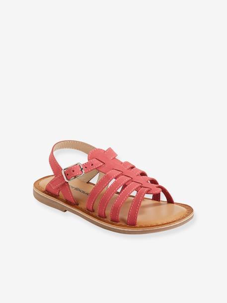 Leather Sandals with Straps, for Girls Light Brown+Pink+YELLOW DARK SOLID WITH DESIGN - vertbaudet enfant 