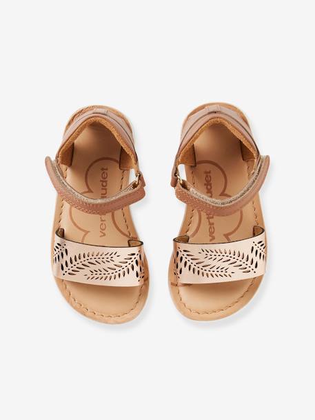 Leather Sandals for Girls, Designed for Autonomy Camel+GREEN MEDIUM 2 COLOR/MULTICOLR - vertbaudet enfant 