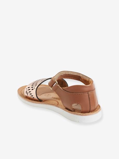 Leather Sandals for Girls, Designed for Autonomy Camel+GREEN MEDIUM 2 COLOR/MULTICOLR - vertbaudet enfant 