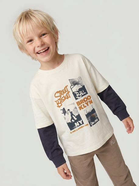 Long-sleeved layered-effect T-shirt for boys ecru - vertbaudet enfant 