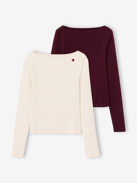 Lot de 2 t-shirts en côtes fille bordeaux+gris chiné - vertbaudet enfant 