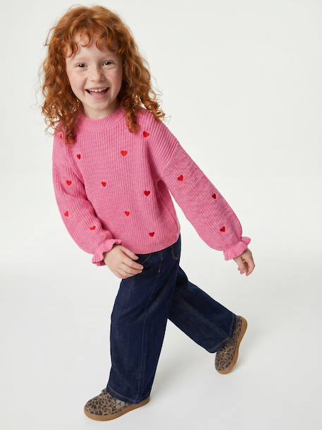 Long-sleeved round-neck jumper for girls ecru+navy blue+rose - vertbaudet enfant 