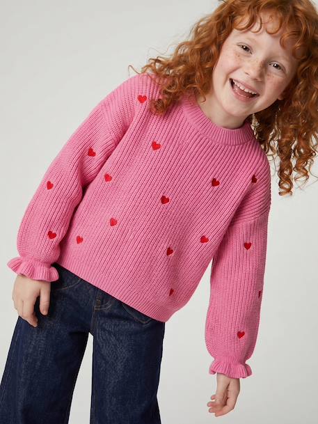 Long-sleeved round-neck jumper for girls ecru+navy blue+rose - vertbaudet enfant 