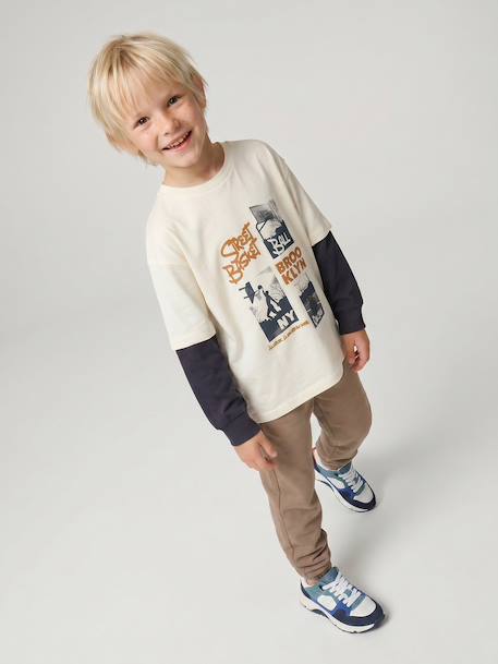 Long-sleeved layered-effect T-shirt for boys ecru - vertbaudet enfant 