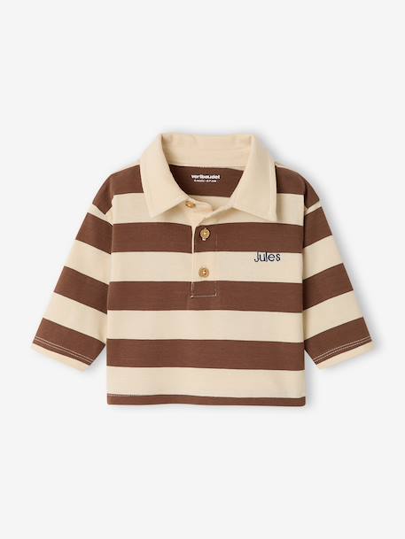 Striped long-sleeved baby polo shirt cocoa+grey blue - vertbaudet enfant 