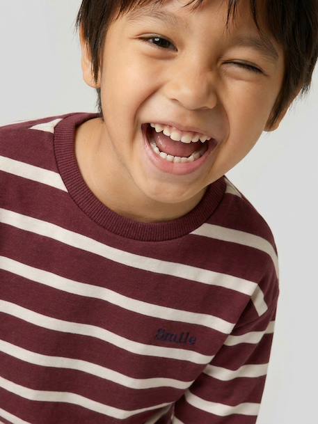 Striped Long-Sleeved T-Shirt for Boys bordeaux red+ecru+night blue - vertbaudet enfant 
