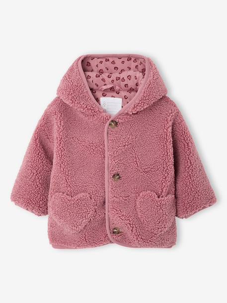 Sherpa hooded coat for babies with 'leopard' print lining beige+old rose - vertbaudet enfant 
