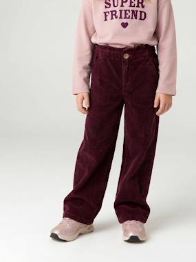 -Pantalon fille large velours côtelé style paperbag 