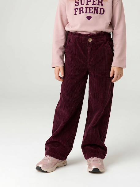 Wide Corduroy Paperbag Trousers for Girls bordeaux red+camel+mauve+navy blue+olive - vertbaudet enfant 