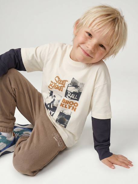 Long-sleeved layered-effect T-shirt for boys ecru - vertbaudet enfant 
