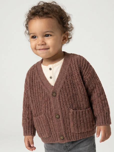 Gilet bébé col V en maille grosse jauge bleu grisé+chocolat - vertbaudet enfant 