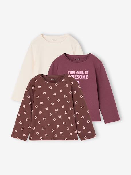 Pack of 3 long-sleeved girls' fancy t-shirts anthracite+coral+ecru+grey blue+indigo+mauve+rose - vertbaudet enfant 