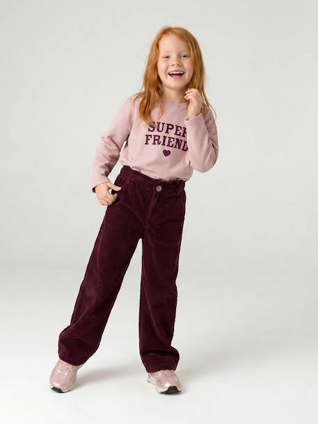 Wide Corduroy Paperbag Trousers for Girls bordeaux red+camel+mauve+navy blue+olive - vertbaudet enfant 