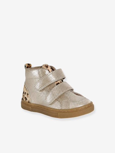 Basket bébé fille cuir à scratchs beige imprimé+jaune d'or - vertbaudet enfant 