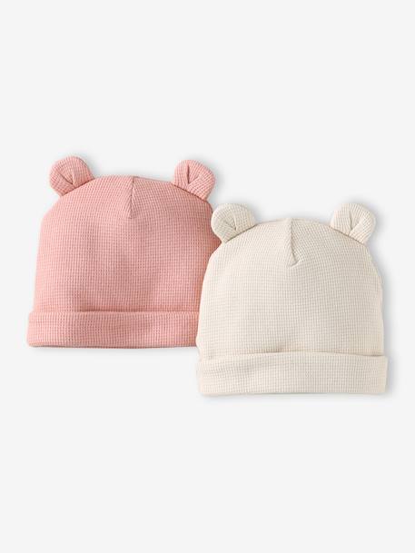 Lot de 2 bonnets naissance à oreilles d'ours bleu pâle+écru+rose poudré - vertbaudet enfant 