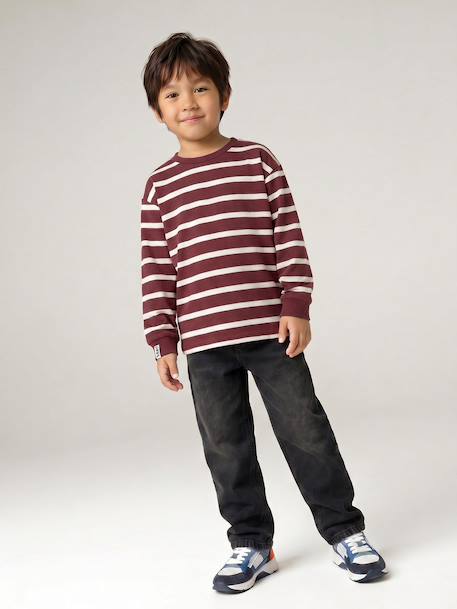 Striped Long-Sleeved T-Shirt for Boys bordeaux red+ecru+night blue - vertbaudet enfant 
