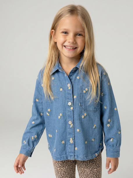 Embroidered Long-sleeved shirt for girls denim blue - vertbaudet enfant 