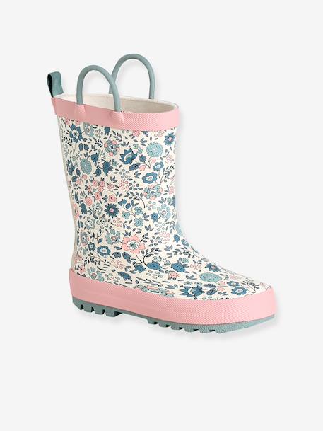 Printed Rubber Wellies for Children, Designed for Autonomy ecru+printed blue+set pink - vertbaudet enfant 