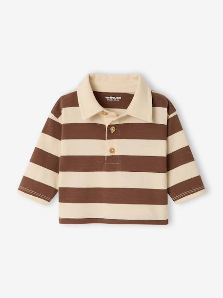 Striped long-sleeved baby polo shirt cocoa+grey blue - vertbaudet enfant 