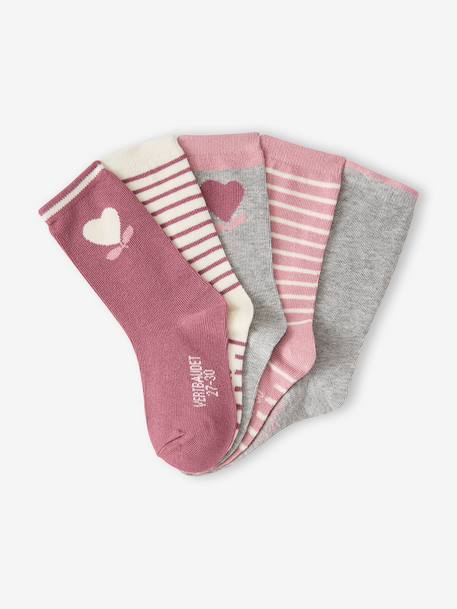 Pack of 5 Pairs of Heart Socks for Girls apricot+beige+chambray blue+mauve - vertbaudet enfant 