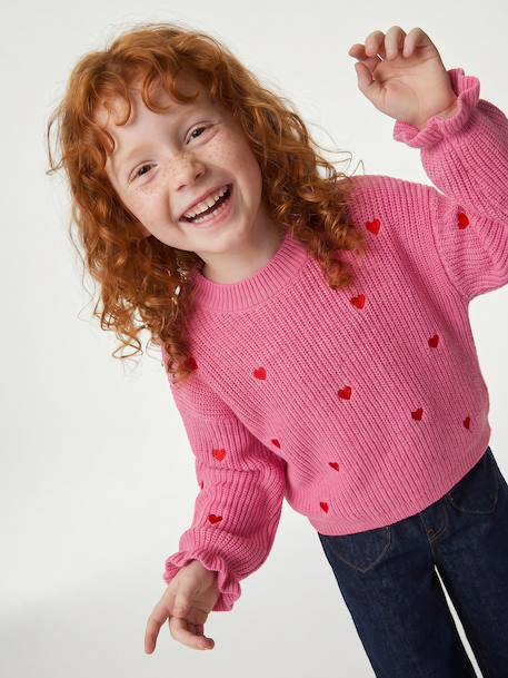 Long-sleeved round-neck jumper for girls ecru+navy blue+rose - vertbaudet enfant 