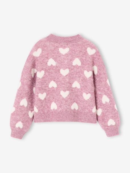 Cardigan with Jacquard Knit Hearts for Girls golden beige+lilac+old rose - vertbaudet enfant 