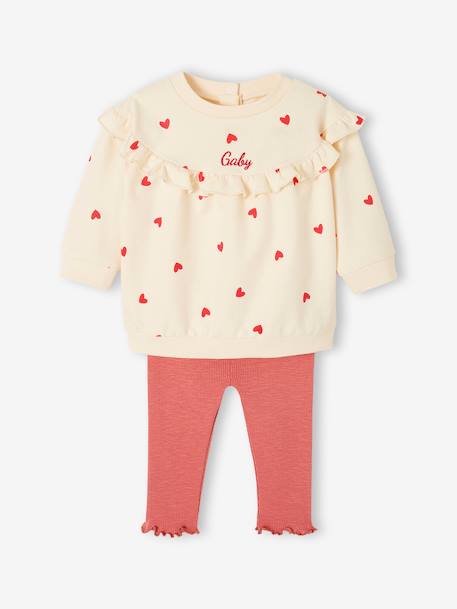 Ruffled Sweatshirt + Leggings Combo for Babies ecru+rose - vertbaudet enfant 