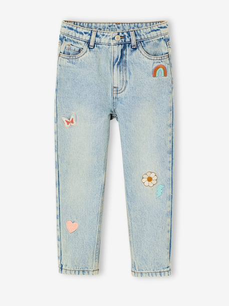 Girls' embroidered floral Mom jeans blue+light blue+medium blue - vertbaudet enfant 