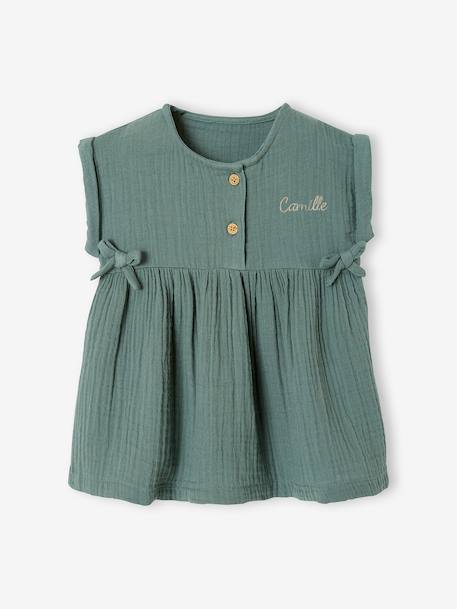 Dress in Cotton Gauze for Babies GREEN MEDIUM SOLID+ochre - vertbaudet enfant 
