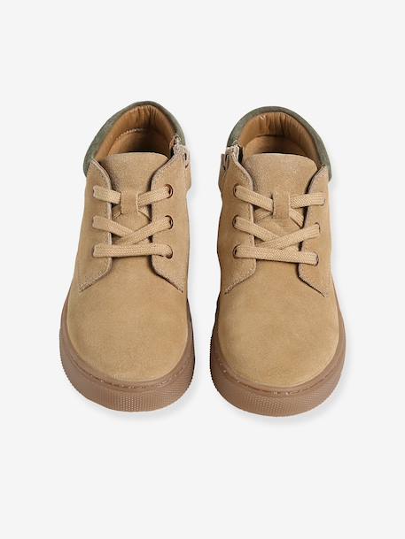 High-Top Leather Trainers with Laces, for Boys beige+navy blue - vertbaudet enfant 