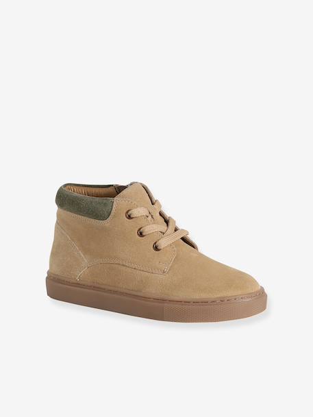 High-Top Leather Trainers with Laces, for Boys beige+navy blue - vertbaudet enfant 