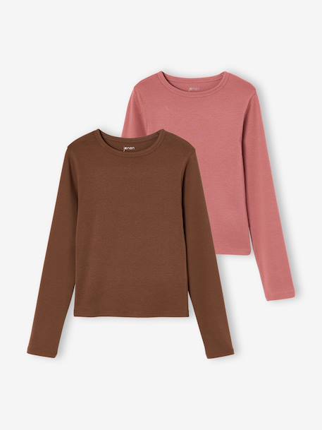 Pack of 2 cropped long-sleeved T-shirts for girls black+chocolate - vertbaudet enfant 
