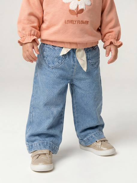Wide Leg Jeans with Tie Belt, for Babies brut denim+stone - vertbaudet enfant 