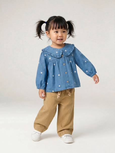 Wide-Leg Coloured Trousers with Tie Belt for Baby Girls beige+caramel+purple clover - vertbaudet enfant 