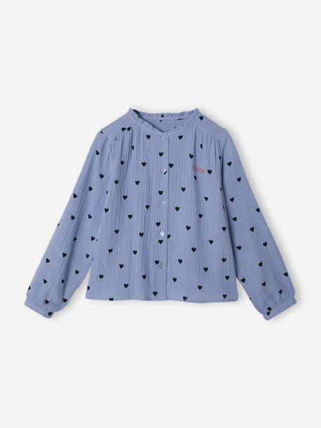 Cotton Gauze Shirt for Girls chambray blue+ecru+printed white - vertbaudet enfant 