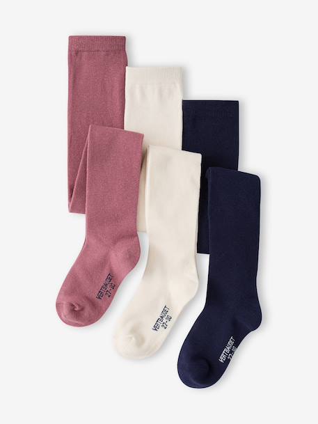 Pack of 3 Pairs of Tights for Girls BLUE DARK TWO COLOR/MULTICOL+cinnamon+Grey+mauve+navy blue+old rose+plum+rosy - vertbaudet enfant 