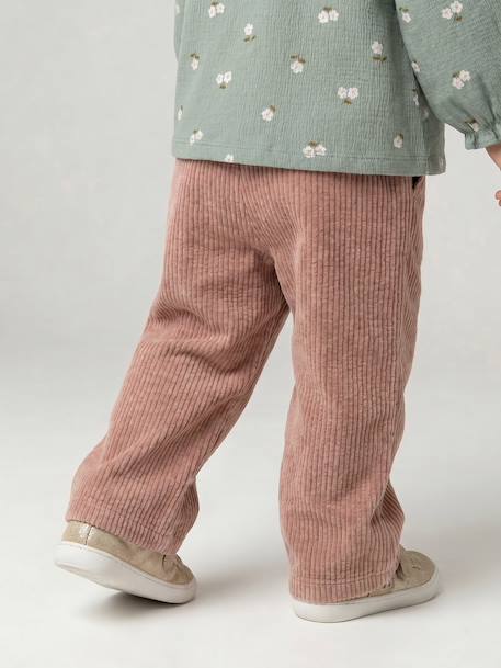 Wide Trousers in Corduroy with Flowers Belt for Babies beige+old rose - vertbaudet enfant 