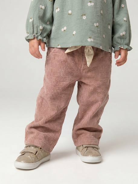Pantalon large en velours ceinture à fleurs bébé beige+vieux rose - vertbaudet enfant 