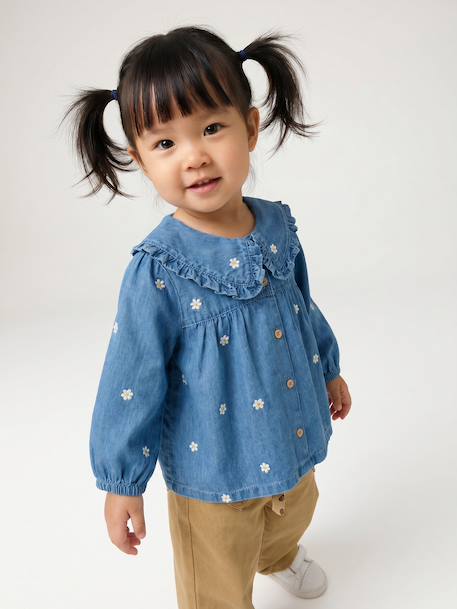 Denim blouse with long sleeves for baby girls stone - vertbaudet enfant 