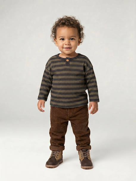 Long-sleeved striped T-shirt for baby khaki - vertbaudet enfant 